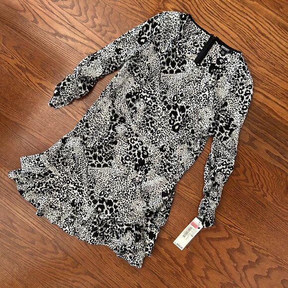 NWT DKNY Black White Leopard Print Silk Blend Ruffled Tiered Mini Dress Size 4 - Picture 11 of 16